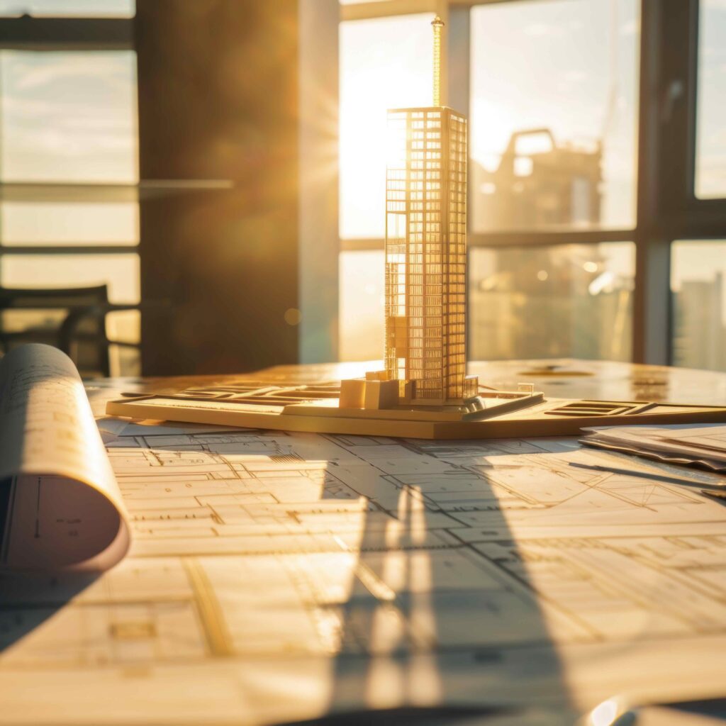 Architectural model of a skyscraper on a blueprint table at sunset. Urban development and city planning concept.