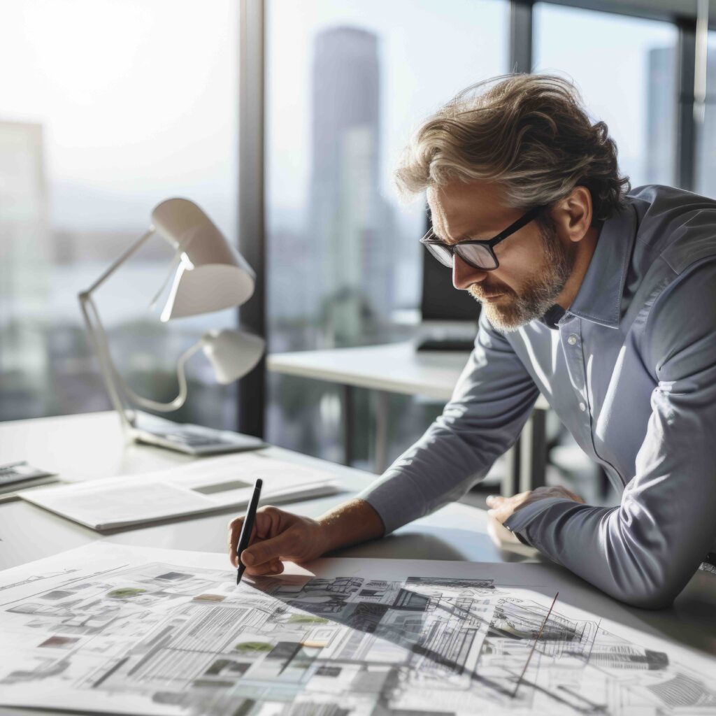 Lean Specialist, work, charts, diagrams, office, cityscape, view, dedication, modern, professional, business, strategy, efficiency, improvement, process, management, productivity, corporate, city, skyscrapers, windows, desk, computer, paperwork, concentration, focus, expertise, glasses, suit, tie, male, adult, whiteboard, marker, planning